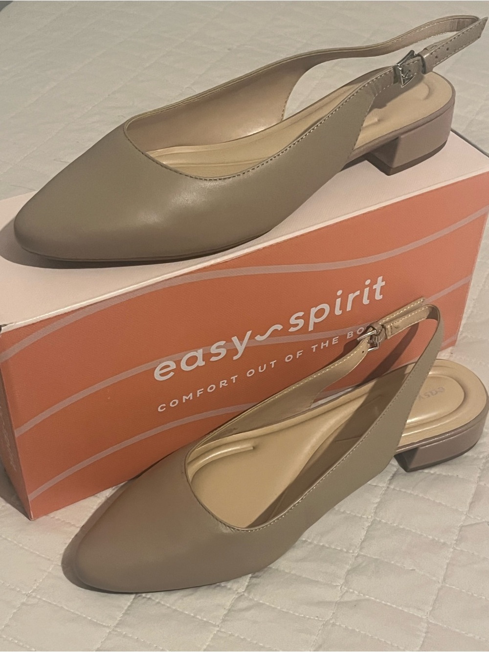 Easy Spirit Taupe Leather Slingback Low Block Heel Mules